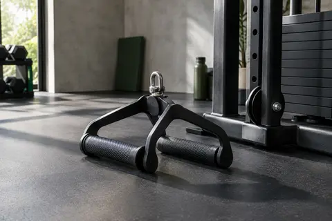 Poignée double en D en acier noir mat avec prises en caoutchouc texturé dans un home gym