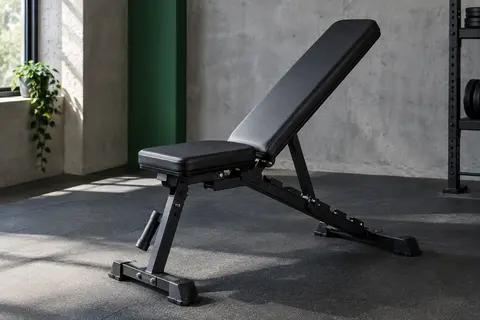 Banc de musculation pliable noir FitinOne déployé dans un home gym sobre aux murs gris