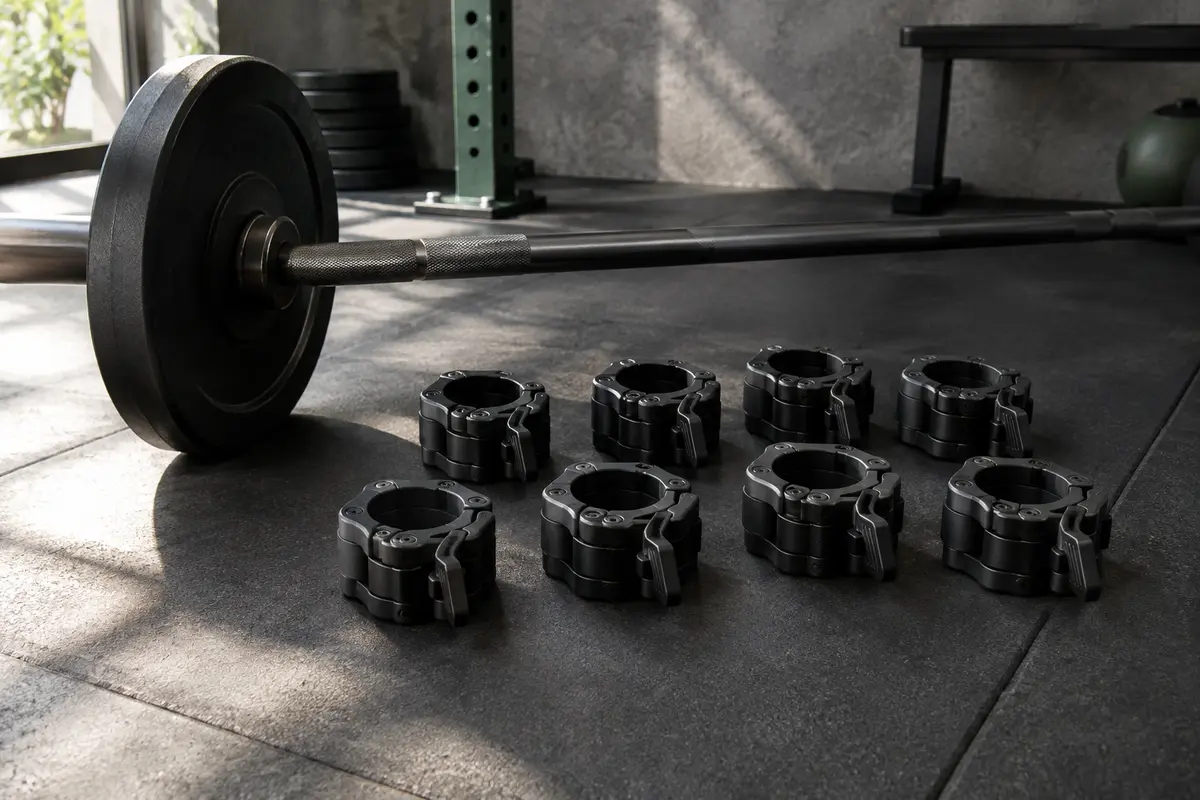 Huit colliers d’haltères noirs en plastique ABS disposés près d’une barre dans un home gym