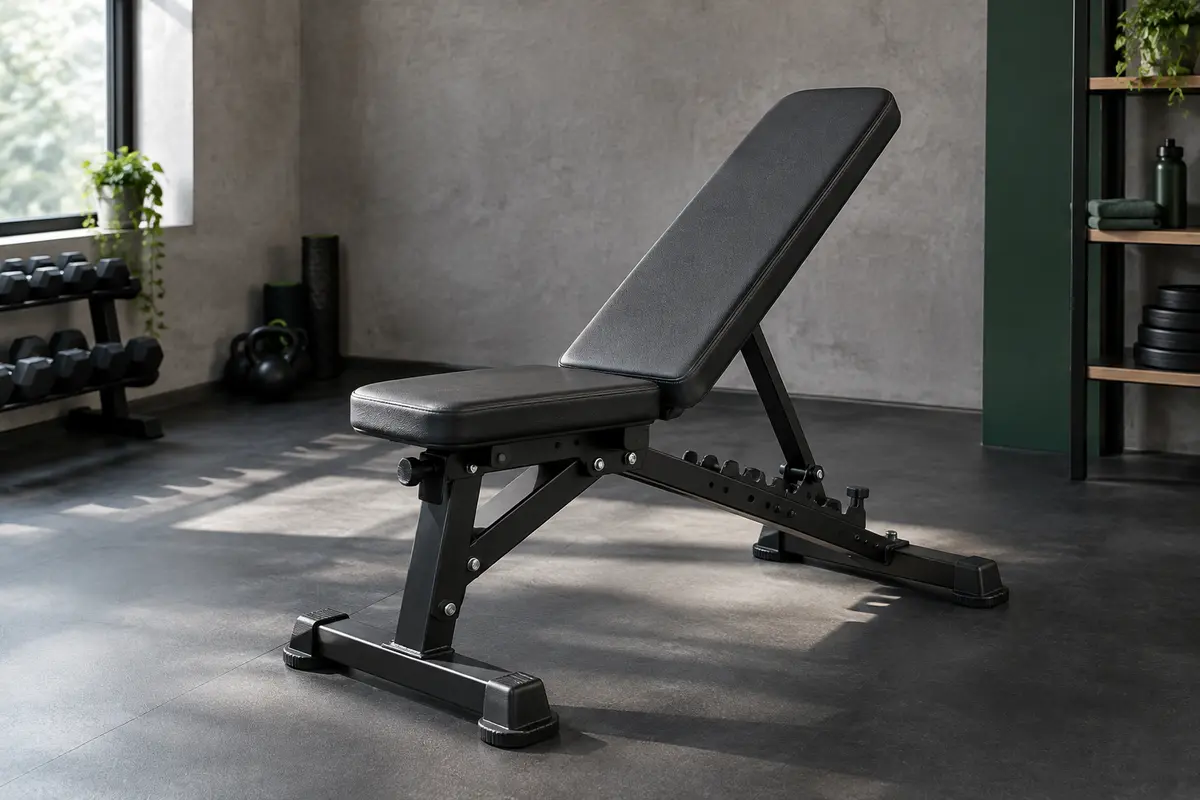 Banc de musculation Flybird noir, déployé avec son dossier réglable dans un home gym sobre.