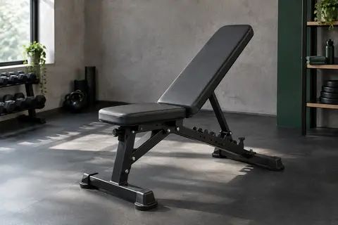 Banc de musculation Flybird noir, déployé avec son dossier réglable dans un home gym sobre.