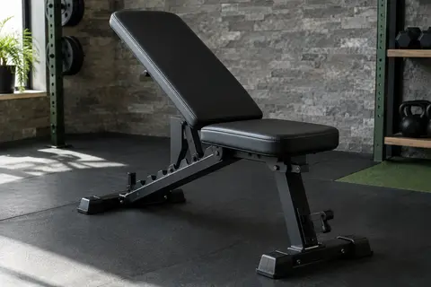 Banc de musculation réglable noir avec dossier long et assise rembourrée, installé dans un home gym sobre.