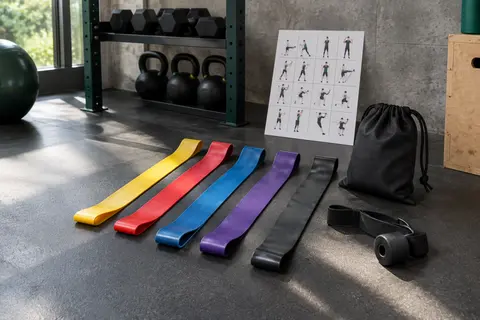 Cinq bandes élastiques de musculation colorées avec ancrage de porte et sac dans un home gym