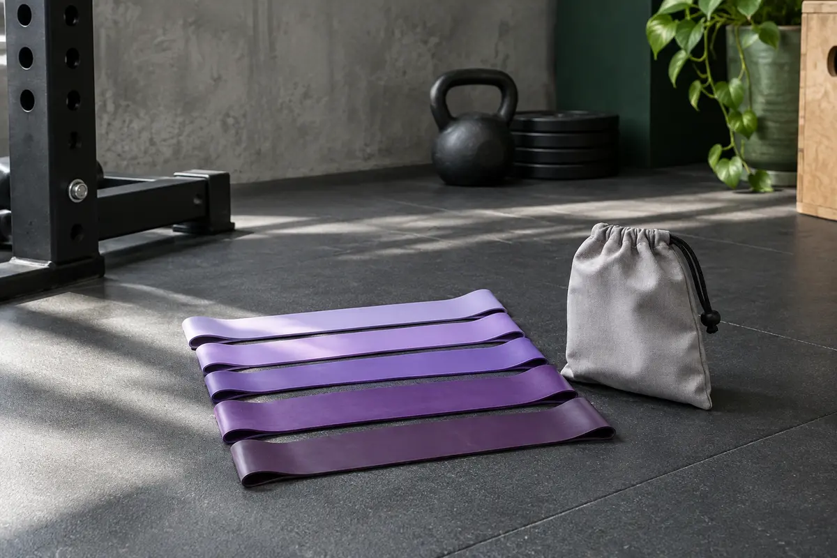 Lot de cinq bandes élastiques violettes en latex naturel avec sac de transport, posé dans un home gym sobre.