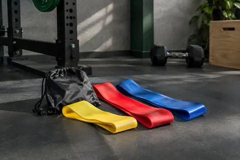 Trois bandes élastiques de musculation jaune, rouge et bleue avec leur sac de transport, dans un home gym