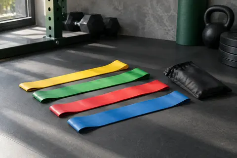 Quatre bandes de résistance Fokky colorées avec leur sac de transport, disposées dans un home gym