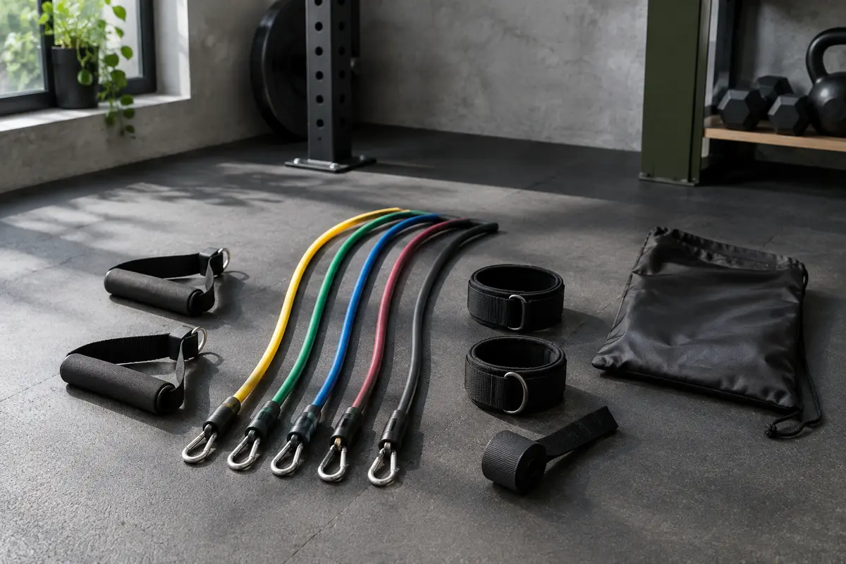 Kit Fokky de cinq élastiques colorés avec poignées, sangles de cheville, ancrage de porte et sac