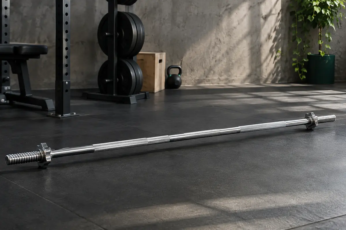 Barre de musculation chromée de 150 cm avec fermetures à vis, posée dans un home gym sobre