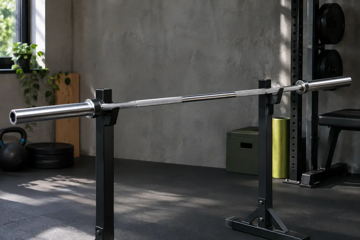 Barre olympique de 180 cm en acier, avec manchons de 50 mm et prise moletée dans un home gym.