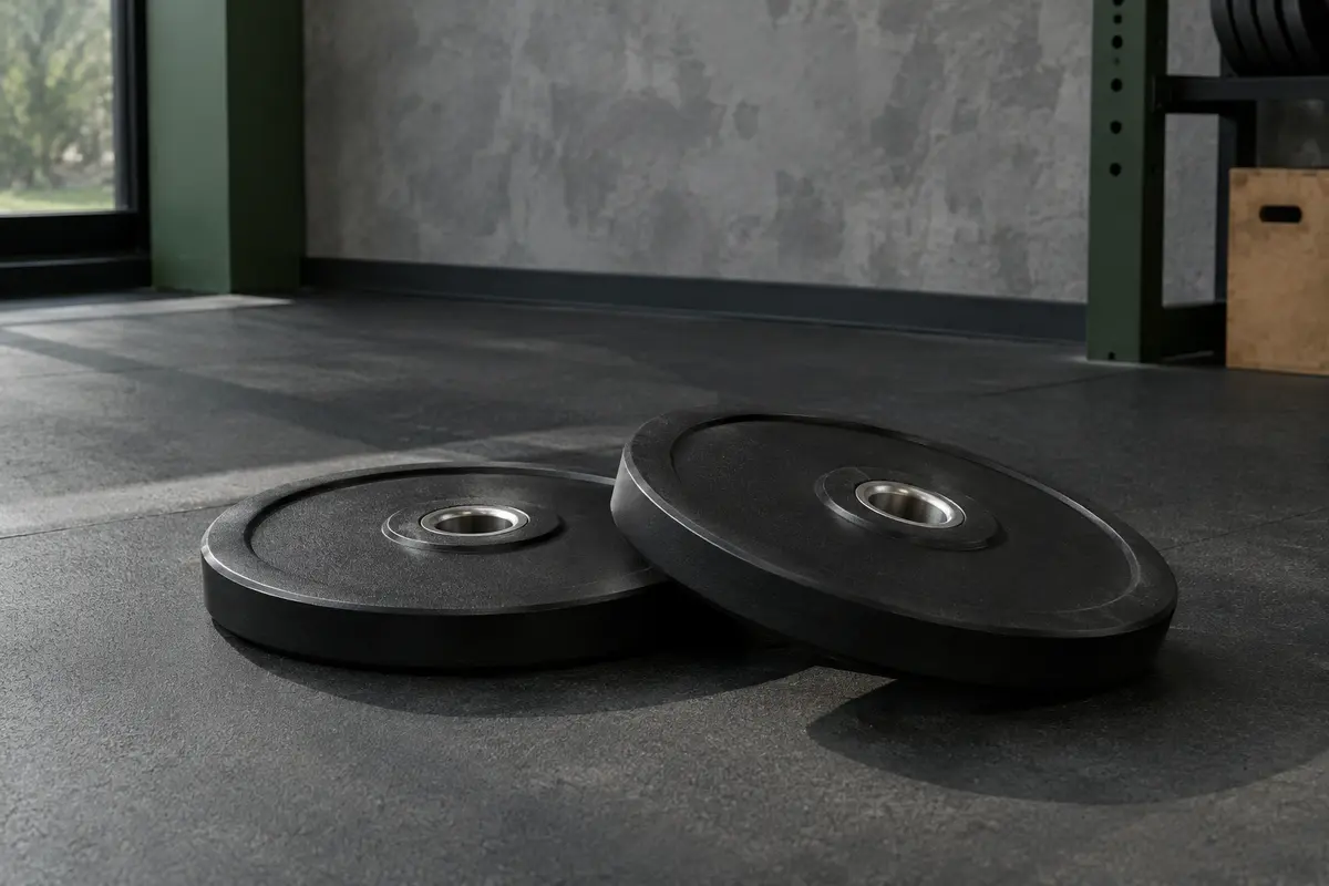 Paire de disques olympiques noirs caoutchoutés avec alésage central, posés dans un home gym sobre