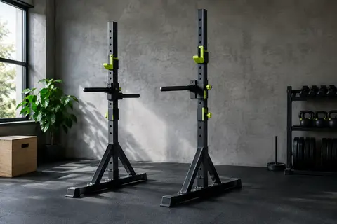 Chandelles de musculation en acier avec supports de barre réglables et poignées de dips dans un home gym.