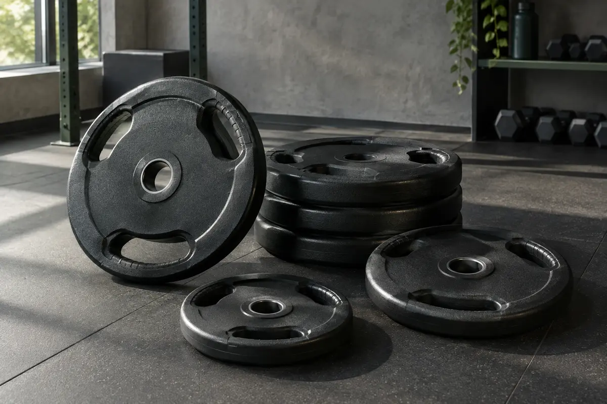 Disques de musculation noirs à poignées posés sur le sol d’un home gym sobre