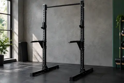 Rack de squat réglable noir avec double support de barre et poignées de dips dans un home gym