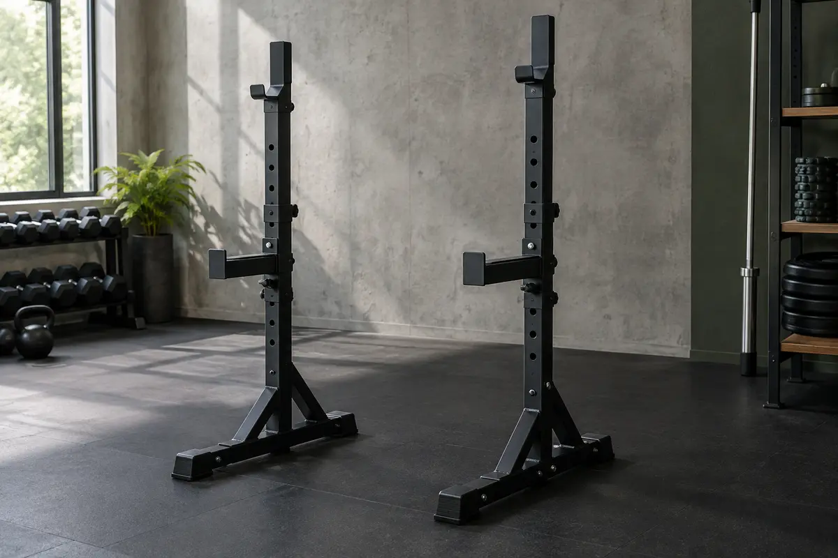 Deux chandelles noires réglables pour barre, installées dans un home gym au sol sombre.