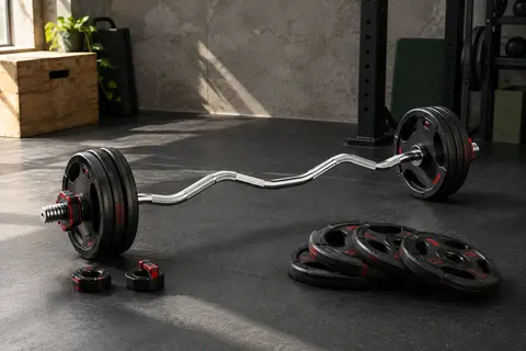 Barre EZ chromée avec six disques noirs à détails rouges et deux fermetures Spinlock