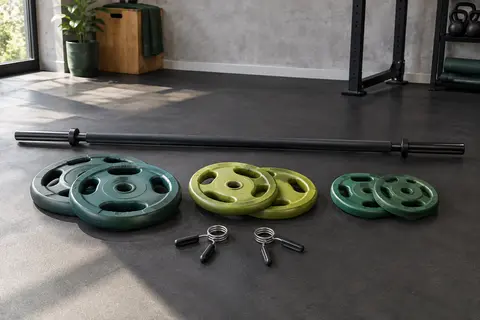 Barre d’aérobic avec six disques plastifiés à poignées et deux stop-disques dans un home gym