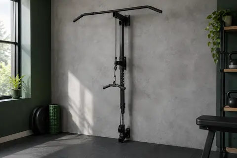 Station de traction murale à câble en métal noir installée dans un home gym sobre et fonctionnel.