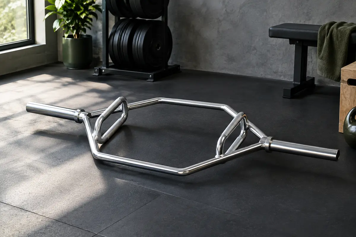 Trap bar hexagonale en acier chromé avec poignées intérieures, posée dans un home gym sobre