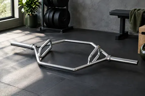 Trap bar hexagonale en acier chromé avec poignées intérieures, posée dans un home gym sobre