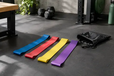 Quatre bandes élastiques de musculation Grifema colorées avec leur sac de rangement dans un home gym