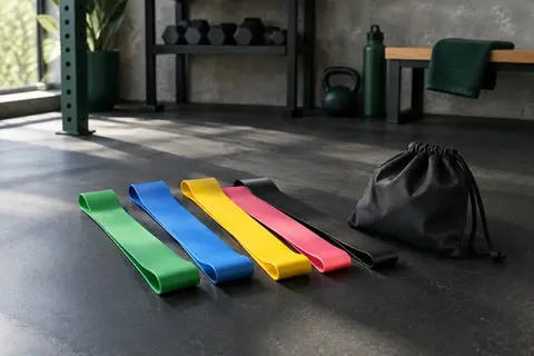 Cinq bandes élastiques de résistance colorées avec leur sac de rangement, posées dans un home gym
