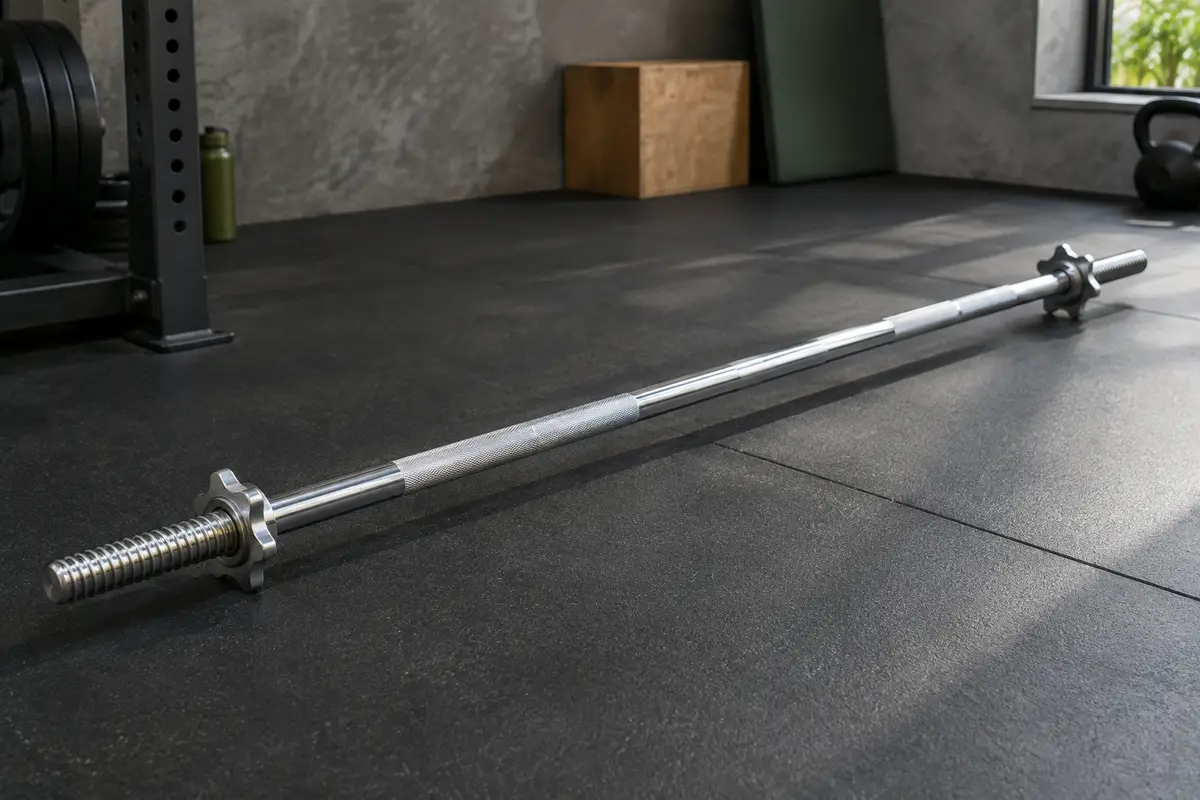 Barre droite de musculation Gymtek argentée de 120 cm avec deux fermetures étoile filetées dans un home gym