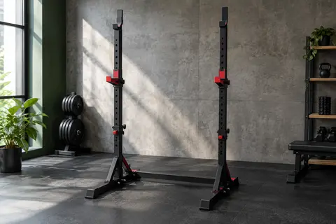 Support de squat Homcom réglable, structure noire et rouge photographiée dans un home gym sobre.