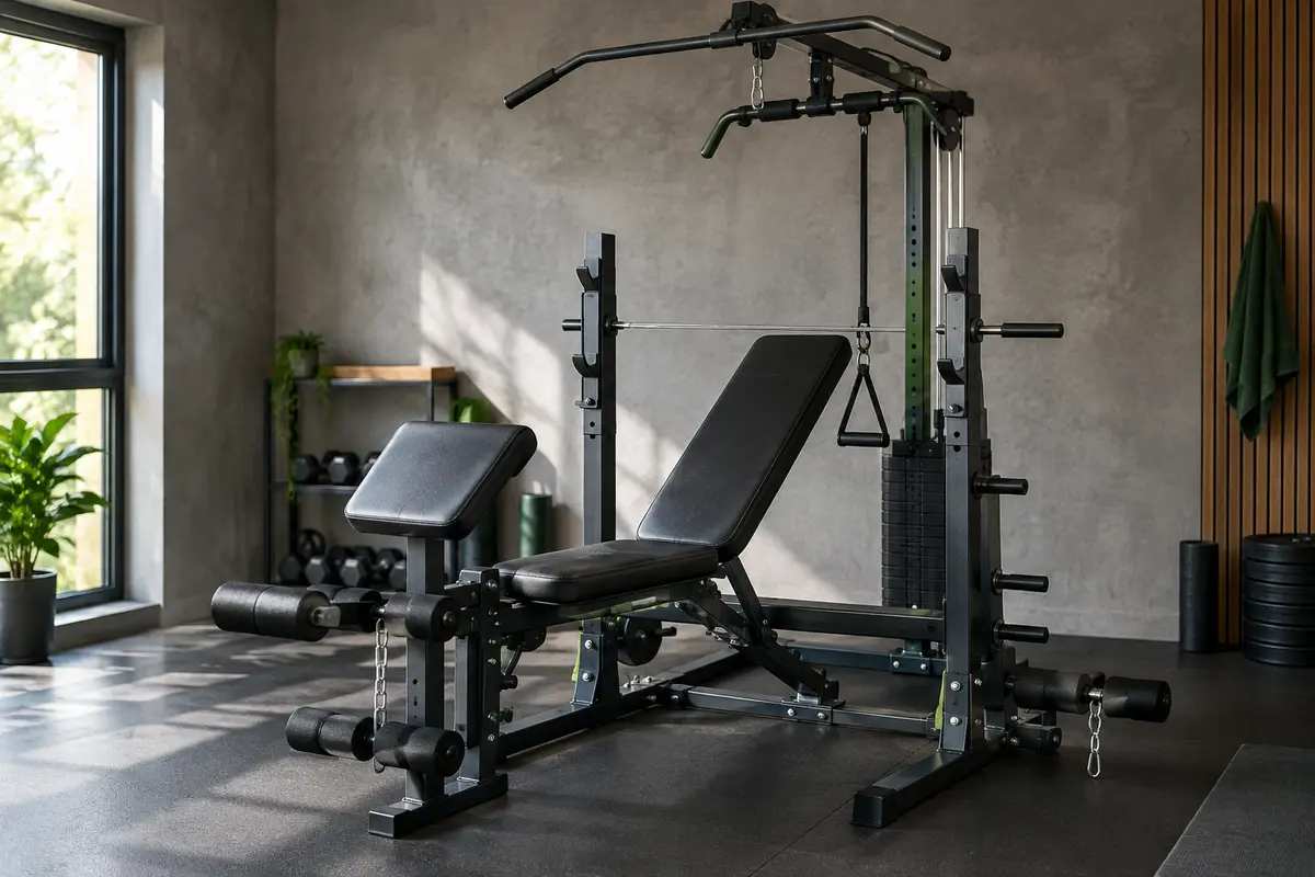 Banc de musculation pliable avec dossier inclinable, support de barre et poulie haute dans un home gym sobre