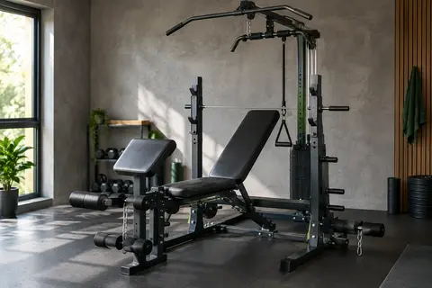 Banc de musculation pliable avec dossier inclinable, support de barre et poulie haute dans un home gym sobre