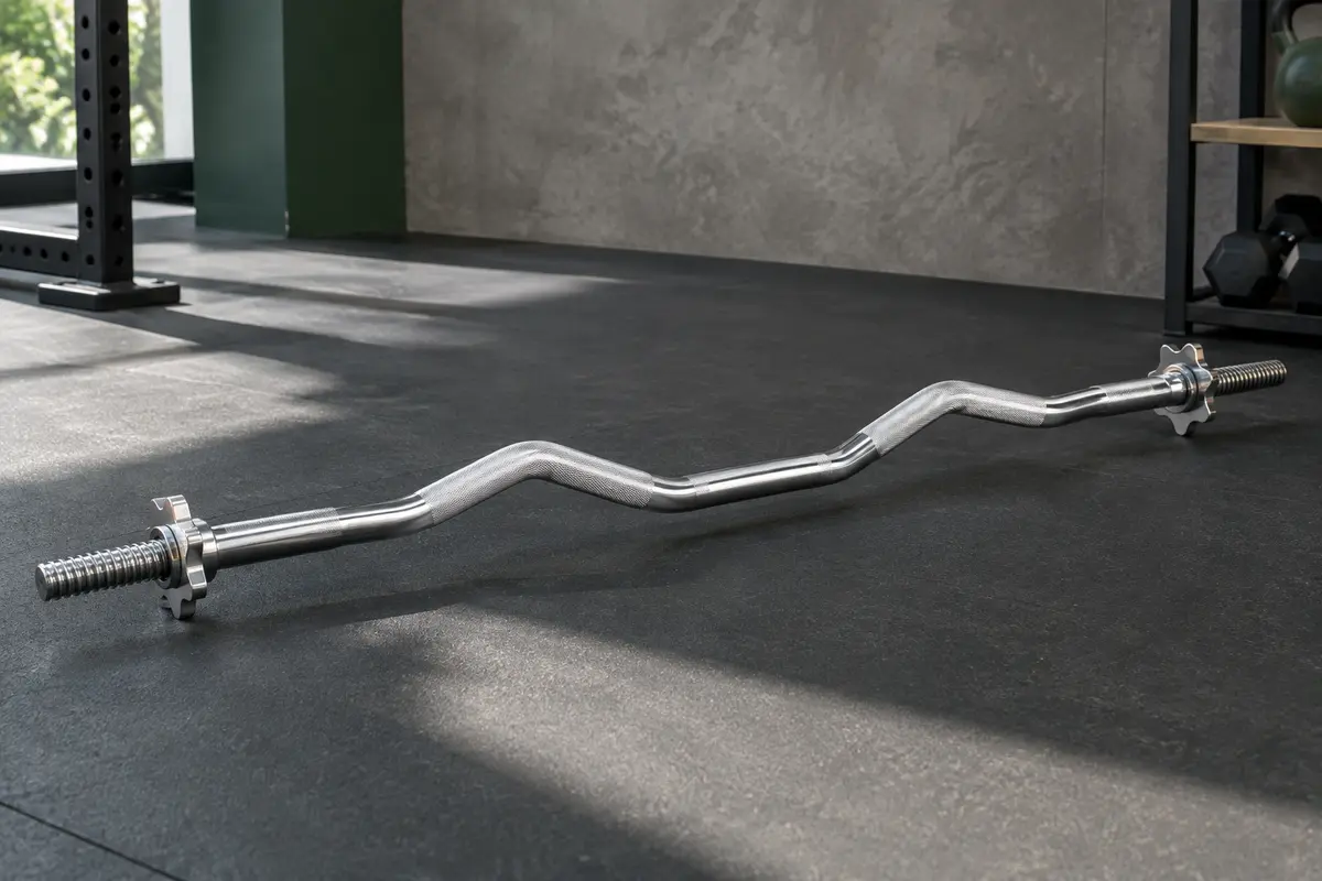 Barre curl EZ chromée avec poignées texturées et fermoirs étoile, posée dans un home gym sobre.