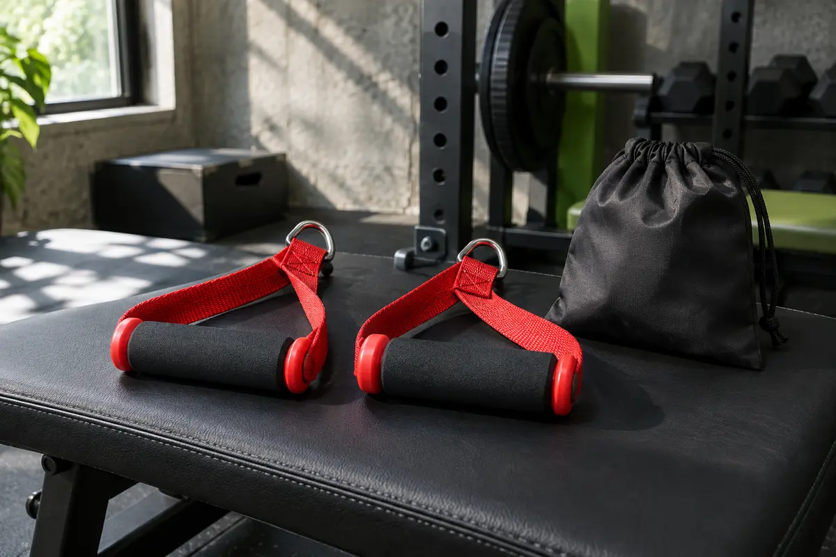 Deux poignées de tirage rouges en nylon avec prises en mousse et sac de transport dans un home gym