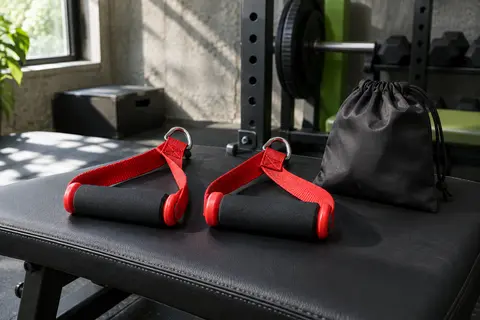 Deux poignées de tirage rouges en nylon avec prises en mousse et sac de transport dans un home gym