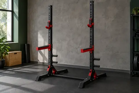 Rack à squat ISE noir et rouge avec deux supports réglables et tubes de rangement pour disques