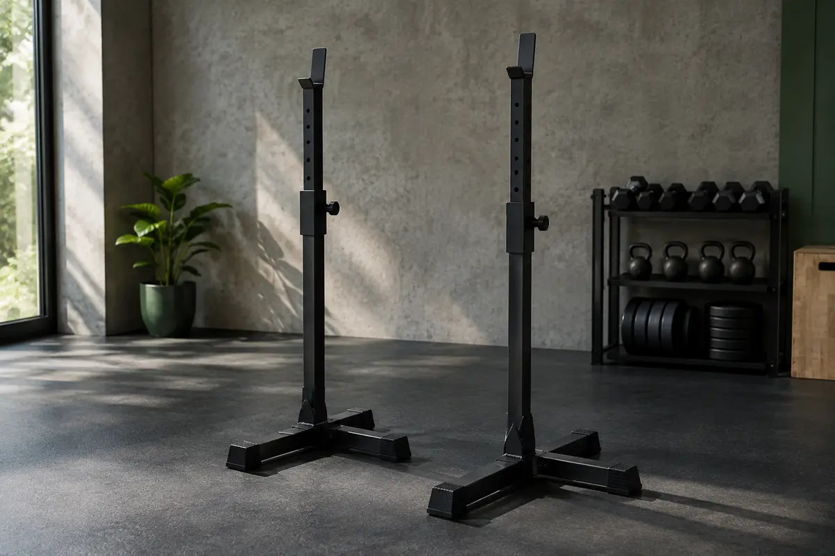 Deux chandelles de musculation noires réglables, avec pieds en T, dans un home gym sobre au sol sombre.