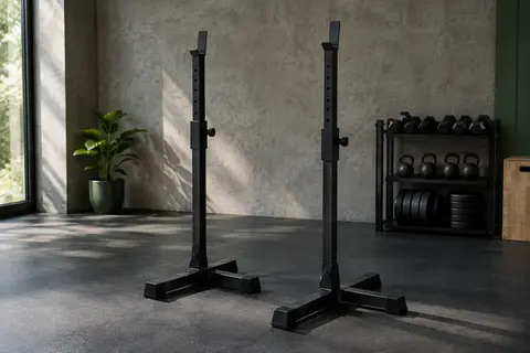 Deux chandelles de musculation noires réglables, avec pieds en T, dans un home gym sobre au sol sombre.