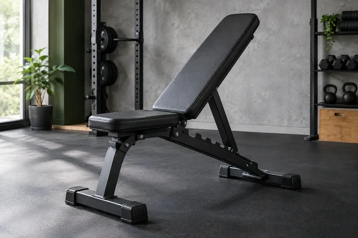 Banc de musculation réglable Joroto MD60 noir déployé dans un home gym sobre au sol sombre.