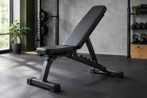 Banc de musculation réglable Joroto MD60 noir déployé dans un home gym sobre au sol sombre.