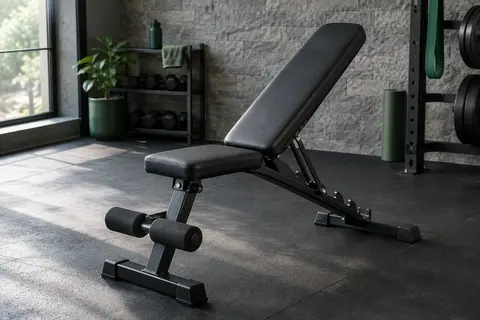 Banc de musculation réglable Joroto noir, déployé dans un home gym sobre au sol sombre.