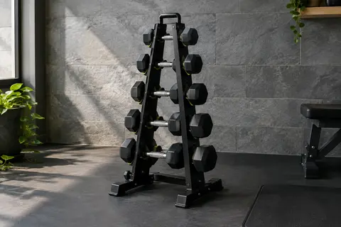 Support métallique noir à cinq niveaux avec appuis en silicone, installé dans un home gym sobre.