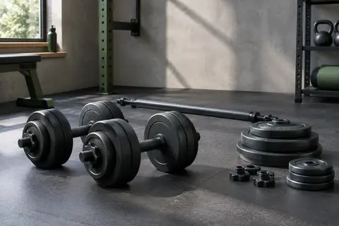 Kit d’haltères réglables avec disques amovibles et barre de connexion dans un home gym sobre