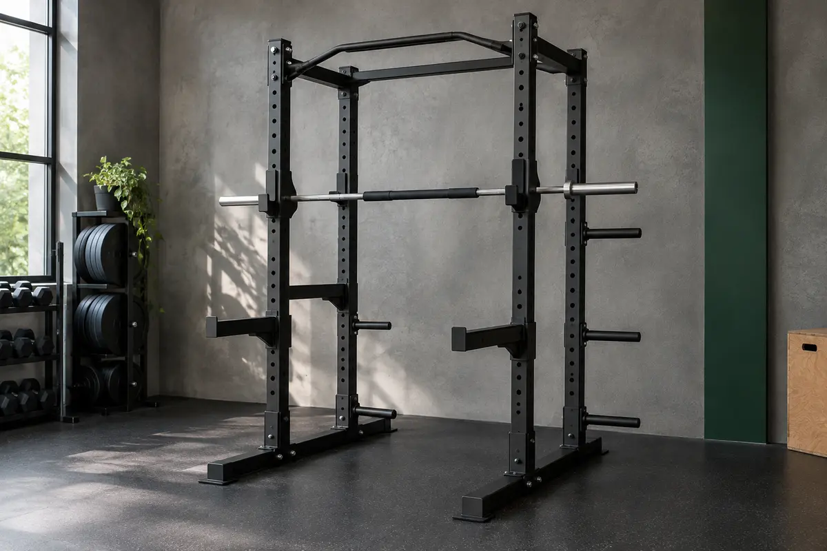 Support de squat noir réglable avec appuis de barre et chevilles latérales dans un home gym