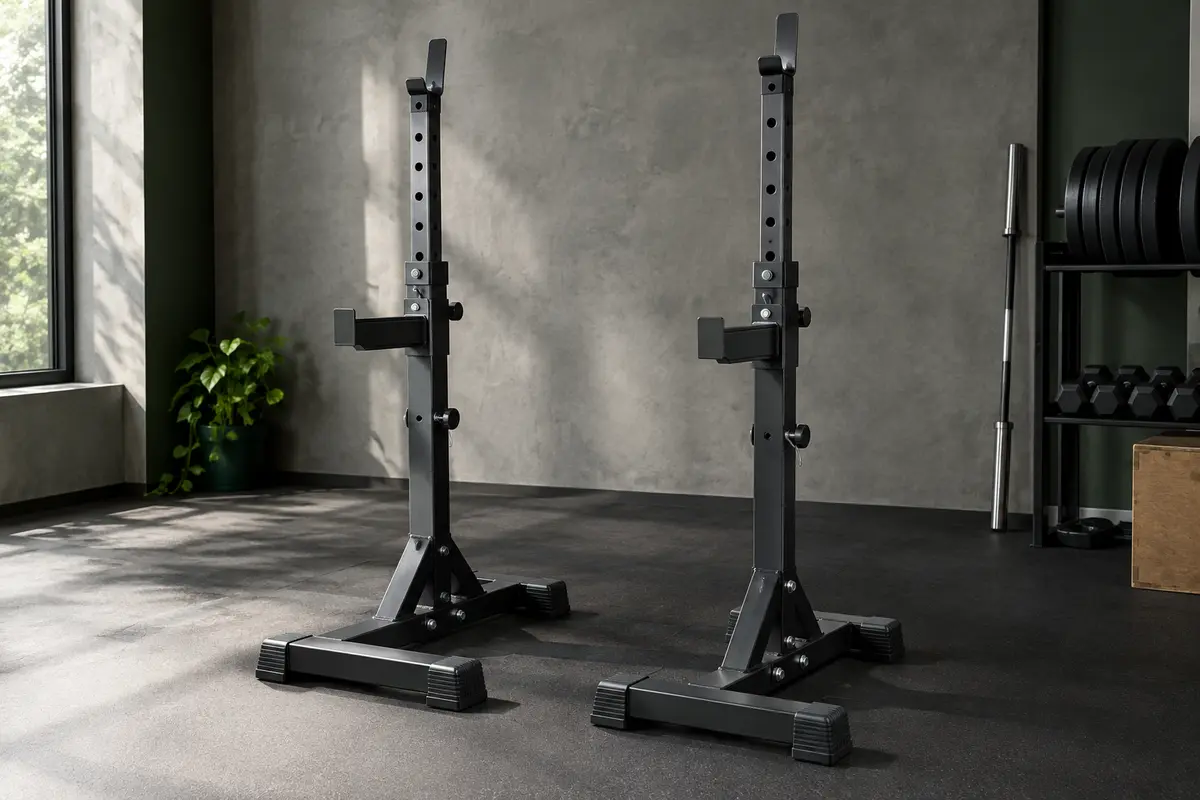 Chandelles de musculation réglables en acier présentées seules dans un home gym sobre.