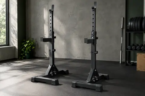 Chandelles de musculation réglables en acier présentées seules dans un home gym sobre.
