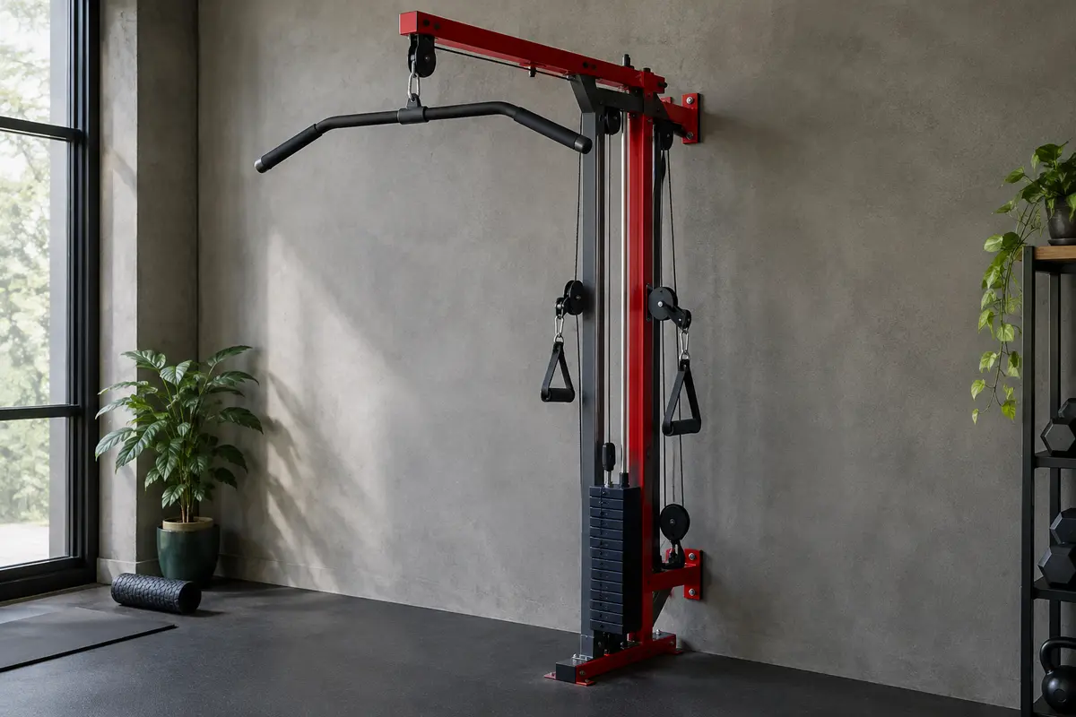 Station à câble murale K-Sport rouge et grise avec barre de tirage, dans un home gym sobre.