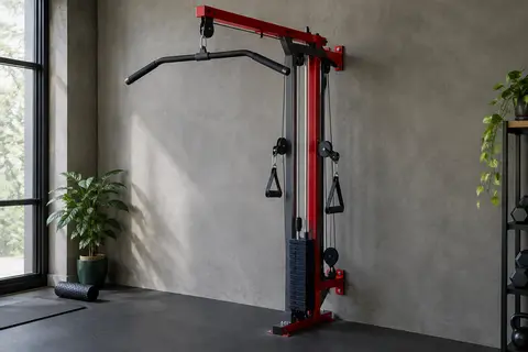 Station à câble murale K-Sport rouge et grise avec barre de tirage, dans un home gym sobre.