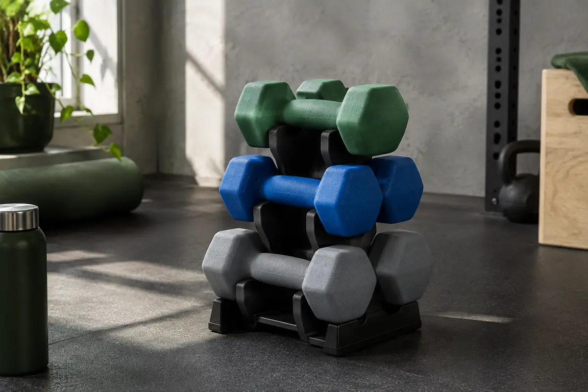 Six haltères hexagonaux en néoprène vert, bleu et gris rangés sur leur support dans un home gym