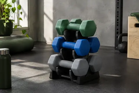 Six haltères hexagonaux en néoprène vert, bleu et gris rangés sur leur support dans un home gym