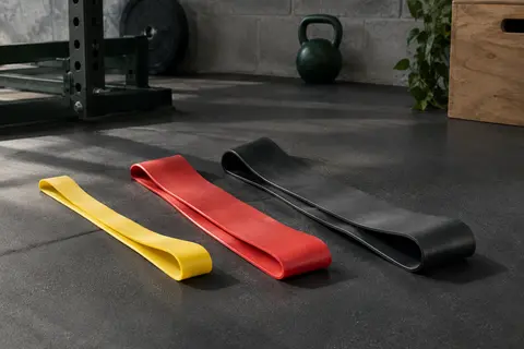 Trois bandes élastiques de résistance en latex jaune, rouge et noir posées dans un home gym sobre