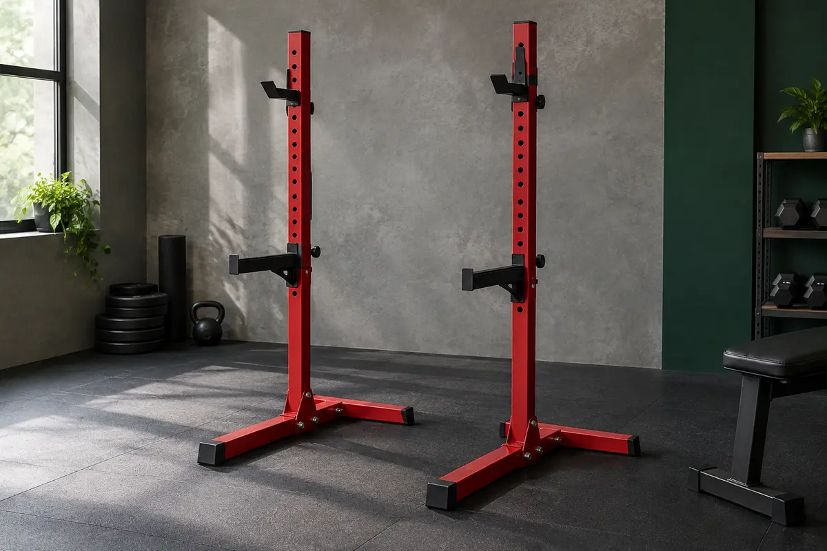 Chandelles de musculation réglables rouges à bases en H, avec supports de barre et bras de sécurité dans un home gym.