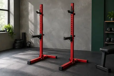 Chandelles de musculation réglables rouges à bases en H, avec supports de barre et bras de sécurité dans un home gym.